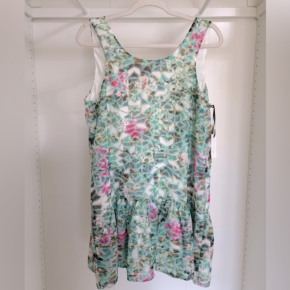 Lovers + Friends Mint Geometric Floral Drop-Waist Dress with Pink Accents